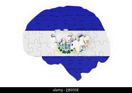 Salvadoran flag painted on the brain from puzzles. Scientific research and education in El Salvador concept, 3D rendering isolated on white background Stock Photo