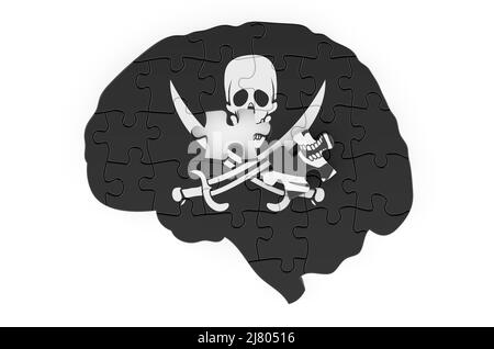 Human brain with Piracy flag. 3D rendering isolated on white background ...