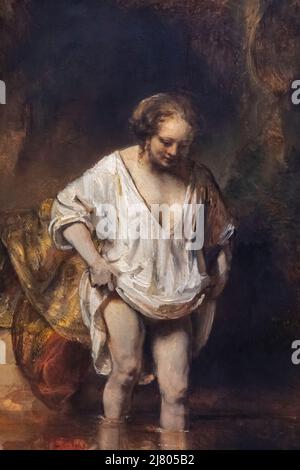 Painting titled 'A Woman bathing in a Stream' by Dutch Artist Rembrandt dated 1654 Stock Photo