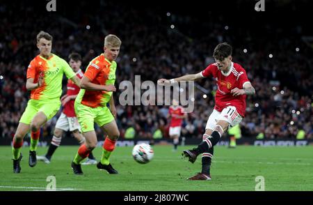 Manchester United's Alejandro Garnacho scores their side's third goal of the game during the FA Youth Cup final match at Old Trafford, Manchester. Picture date: Wednesday May 11, 2022. Stock Photo