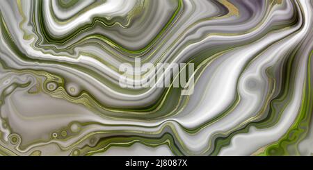 Beautiful abstract green grey agate background, golden veins, artificial stone, marble texture, luxurious marbled surface, digital marbling. Horizontal illustration Stock Photo