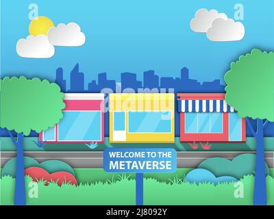 Welcome to the Metaverse concept. Cheerful illustration of a paper cut city with a Metaverse sign. Conceptual Web 3 background. Stock Vector