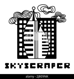 Skyscraper building, black and white illustration Stock Vector