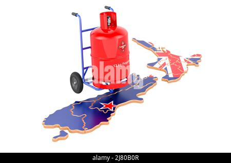 New Zealand map with propane gas cylinder on hand truck. Gas Delivery Service in New Zealand, concept. 3D rendering isolated on white background Stock Photo