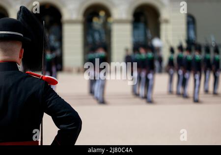 Oslo, Norway. 29 April 2022: Royal guards of Norwegian army standing in order line in Oslo, Norway. Stock Photo