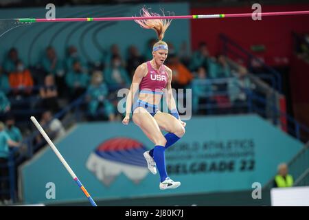 Sandi Morris jumping at the 2022 Belgrade Indoor World Championships in the pole vault specialty. Stock Photo