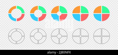 Donut charts. Set of infographic wheels divided in 4 multicolored and graphic sections. Circle diagrams or loading bars. Round shapes cut in four equal parts. Vector flat and outline illustration Stock Vector