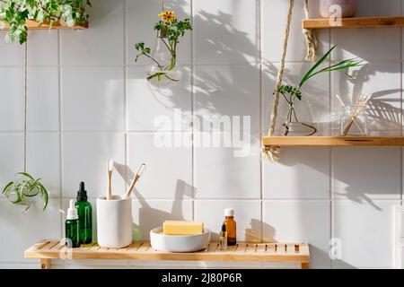 Wooden shelves with cosmetics and toiletries against white tile wall with biophilic design. Hanging glass pots with green plants Stock Photo