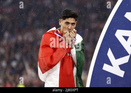 AMSTERDAM - Edson Alvarez of Ajax celebrates the championship during the Dutch Eredivisie match between Ajax Amsterdam and sc Heerenveen at the Johan Cruijff ArenA on May 11, 2022 in Amsterdam, Netherlands. ANP MAURICE VAN STEEN Stock Photo