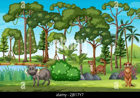 Forest scene with various wild animals illustration Stock Vector