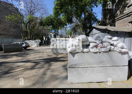 Odessa, Ukraine. 06th May, 2022. Concrete barricades and sandbags on the background of the Holy Archangel-Michael Convent. (Photo by Viacheslav Onyshchenko/SOPA Images/Sipa USA) Credit: Sipa USA/Alamy Live News Stock Photo