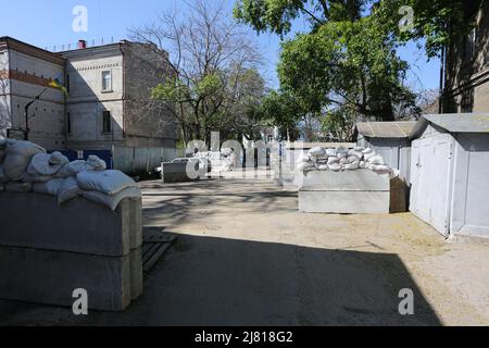 Odessa, Ukraine. 06th May, 2022. Concrete barricades and sandbags on the background of the Holy Archangel-Michael Convent. (Photo by Viacheslav Onyshchenko/SOPA Images/Sipa USA) Credit: Sipa USA/Alamy Live News Stock Photo