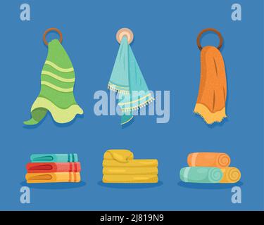 six towels bathroom set icons Stock Vector