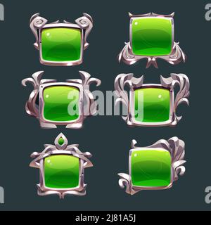 Game ui frames, green medieval borders with metal silver vignette. Interface menu square buttons, empty royal gui bars, banners or sign boards with metallic rims and glass plaques, Cartoon vector set Stock Vector