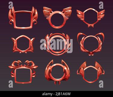 Ui game frames, level borders, red textured round, square and hexagon with ornate rims and laurel wreaths. Isolated cartoon gui elements for medieval rpg game ranking or app, Vector illustration, set Stock Vector