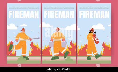 Fireman banners with professional fire fighters with water hose and ladder. Vector vertical posters with flat illustration of fire brigade, man and woman in helmet and safety costume rescues kid Stock Vector