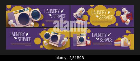 Laundry service advertising posters with automatic washing machine, detergents in bottles, dirty clothes in basket and clean towels stacks. Vector banners of public launderette room, washhouse Stock Vector