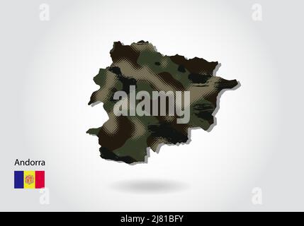 andorra map with camouflage pattern, Forest / green texture in map. Military concept for army, soldier and war. coat of arms, flag. Stock Vector