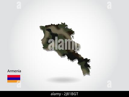 armenia map with camouflage pattern, Forest / green texture in map. Military concept for army, soldier and war. coat of arms, flag. Stock Vector