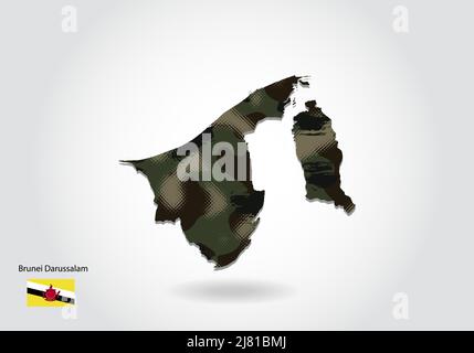 brunei Darussalam map with camouflage pattern, Forest / green texture in map. Military concept for army, soldier and war. coat of arms, flag. Stock Vector