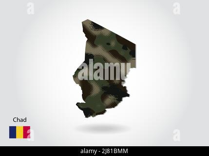 chad map with camouflage pattern, Forest - green texture in map. Military concept for army, soldier and war. coat of arms, flag. Stock Vector