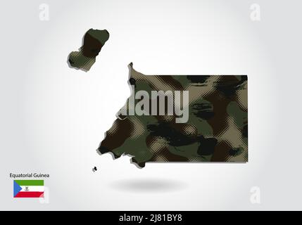 equatorial Guinea map with camouflage pattern, Forest - green texture in map. Military concept for army, soldier and war. coat of arms, flag. Stock Vector