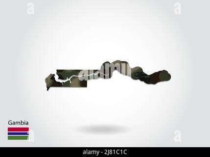 Gambia map with camouflage pattern, Forest - green texture in map. Military concept for army, soldier and war. coat of arms, flag. Stock Vector