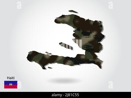 haiti map with camouflage pattern, Forest - green texture in map. Military concept for army, soldier and war. coat of arms, flag. Stock Vector