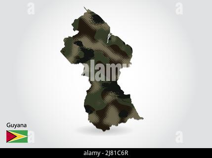 guyana map with camouflage pattern, Forest - green texture in map. Military concept for army, soldier and war. coat of arms, flag. Stock Vector