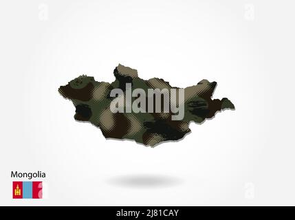 Mongolia map with camouflage pattern, Forest - green texture in map. Military concept for army, soldier and war. coat of arms, flag. Stock Vector
