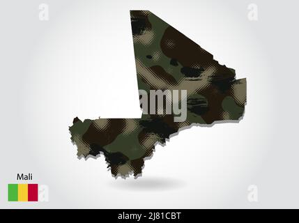Mali map with camouflage pattern, Forest - green texture in map. Military concept for ar, soldier and war. coat of arms, flag. Stock Vector