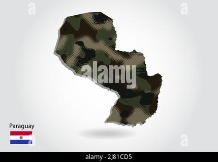 Paraguay map with camouflage pattern, Forest - green texture in map. Military concept for army, soldier and war. coat of arms, flag. Stock Vector