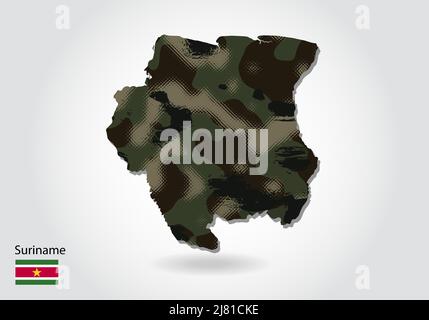 Suriname map with camouflage pattern, Forest - green texture in map. Military concept for army, soldier and war. coat of arms, flag. Stock Vector