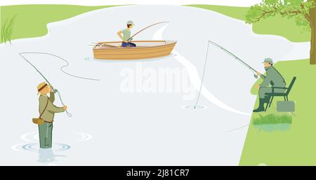 Fishing and lake recreation illustration, Stock Vector