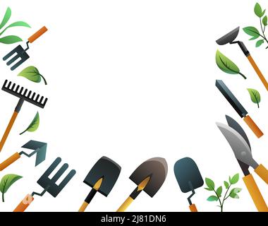 Garden frame. Tools for working in the garden. Crop farmer. Shovels rakes and hoes. Fruit branches and leaves.Agricultural rural garden tool. Isolated Stock Vector