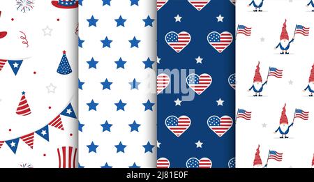 Independence Day of USA. Set of seamless patterns with festive elements. Holiday background for 4th of July celebration. National Freedom Day. Vector Stock Vector