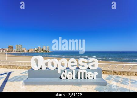 Oropesa del Mar, Spain. May 9, 2022. Name of the city next to La Concha beach Stock Photo