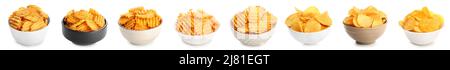 Set of bowls with tasty potato chips on white background Stock Photo