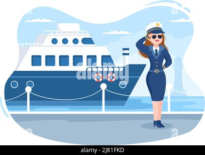 Cruise Ship Captain Cartoon Illustration in Sailor Uniform Riding a Ships, Looking with Binoculars or Standing on the Harbor in Flat Design Stock Vector