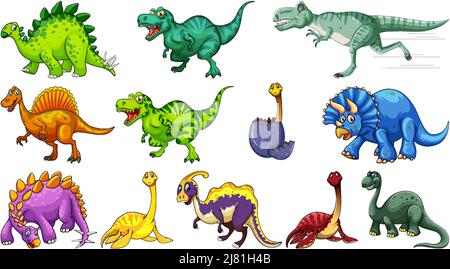 Many dinosaurs on white background illustration Stock Vector