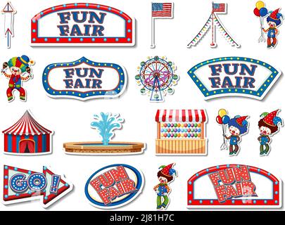 Sticker set of amusement park objects and cartoon characters ...
