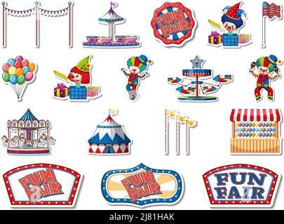 Sticker set of amusement park objects and cartoon characters ...