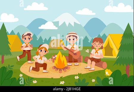 Scout kids by bonfire. Cartoon boys and girls in summer camp with tent, action and adventure on nature. Vector illustration Stock Vector