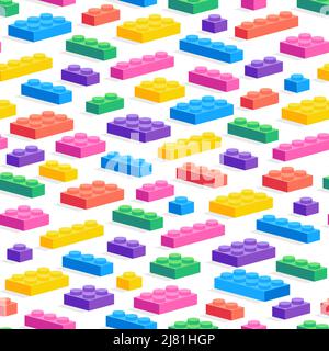Game constructor pattern. Seamless print of colorful cartoon children plastic block game, geometric brick toy. Vector texture Stock Vector