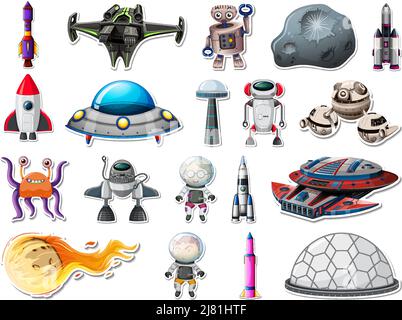 Sticker set of outer space objects and astronauts illustration Stock Vector