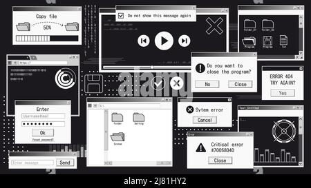 Retro futuristic system. Computer interface with web browser, file manager, pop-up error message. Vector old desktop PC interface elements Stock Vector