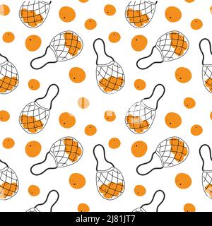 Seamless pattern of mesh bags with oranges. Doodle style elements. Eco bags. Mesh bags. Ecology. Bright oranges. Suitable for textiles, packaging Stock Vector