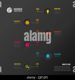 Vector dark gray vertical progress steps template made from six light relief circles with descriptions and icons and rainbow colorful timeline in the Stock Vector