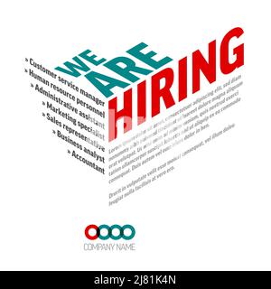 We are hiring minimalistic flyer template with teal and red big isometric letters. Looking for new members of our team hiring a new member colleages t Stock Vector