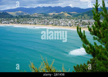 View of Whangamata, a popular beach holiday destination in the Coromandel region of New Zealand Stock Photo